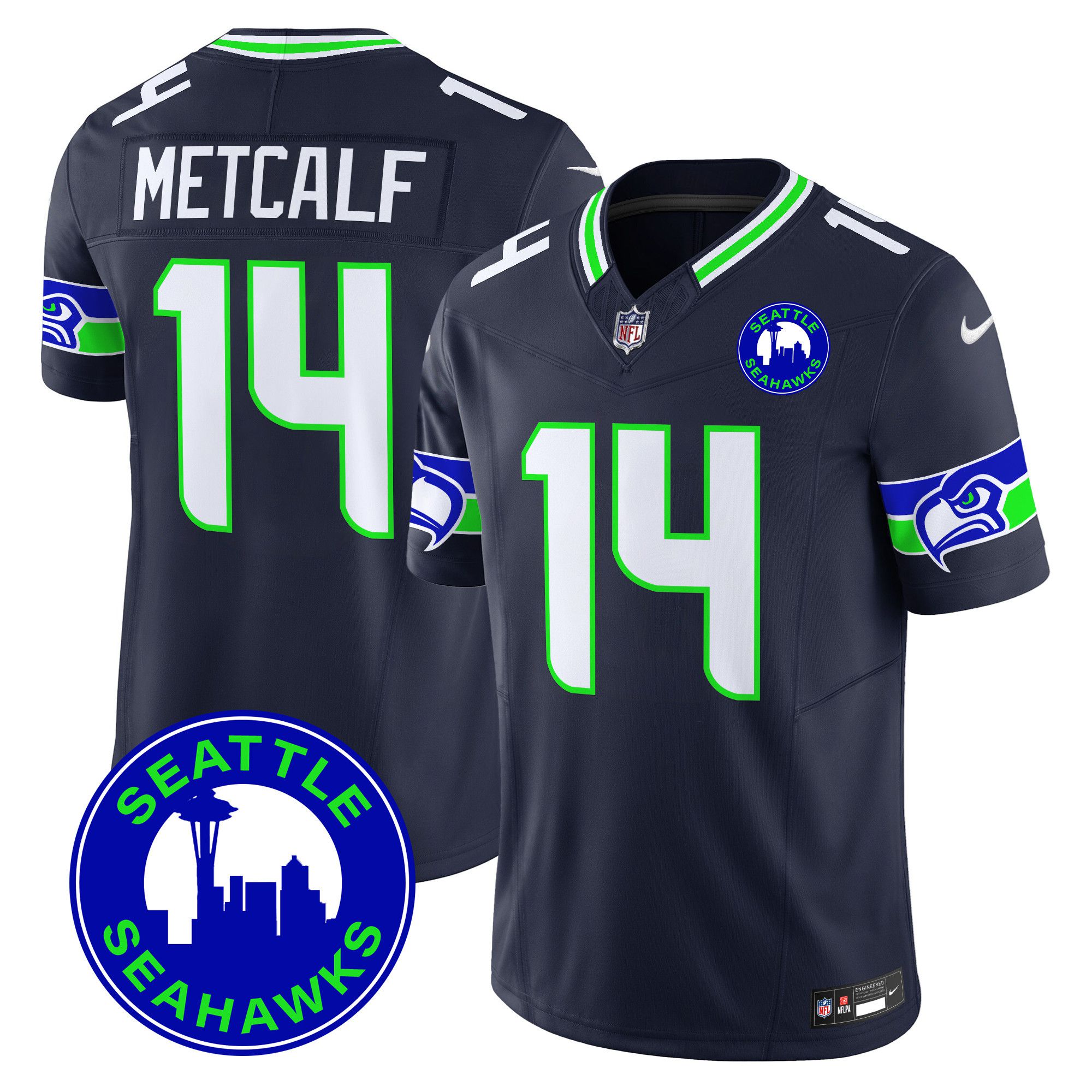 Men Seattle Seahawks 14 Metcalf Drak Blue 2024 Nike City Patch Vapor Limited NFL Jersey